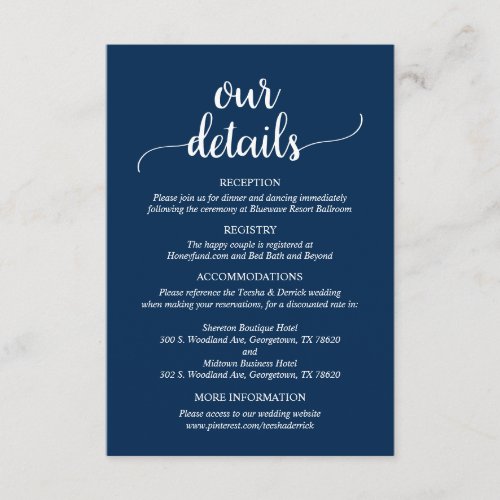 Our Wedding Details Rustic Navy Blue Script Enclosure Card