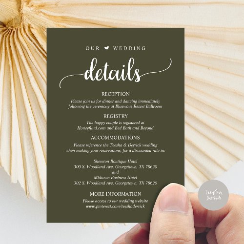 Our Wedding Details Rustic Olive Green Enclosure Card