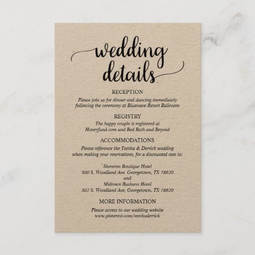 Our Wedding Details Rustic Script Brown Kraft Enclosure Card