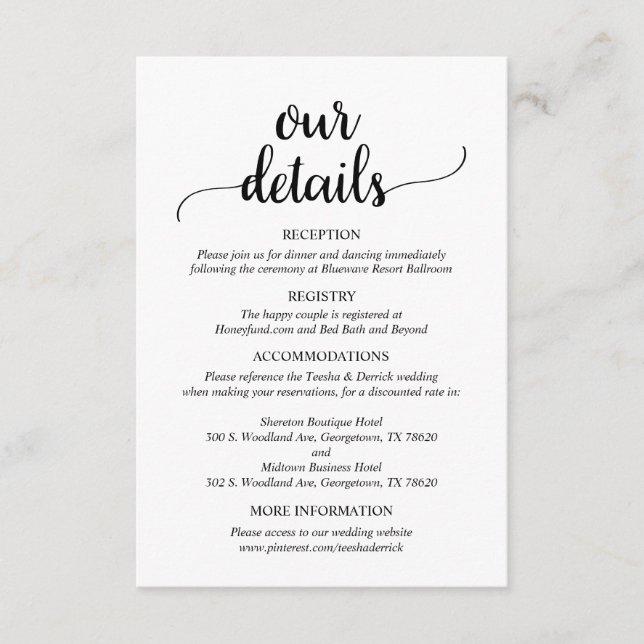 Our Wedding Details, Rustic Script  Enclosure Card (Front)