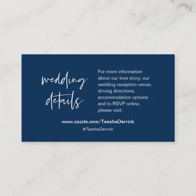 Our wedding details, website, RSVP, Navy Blue Enclosure Card (Front)