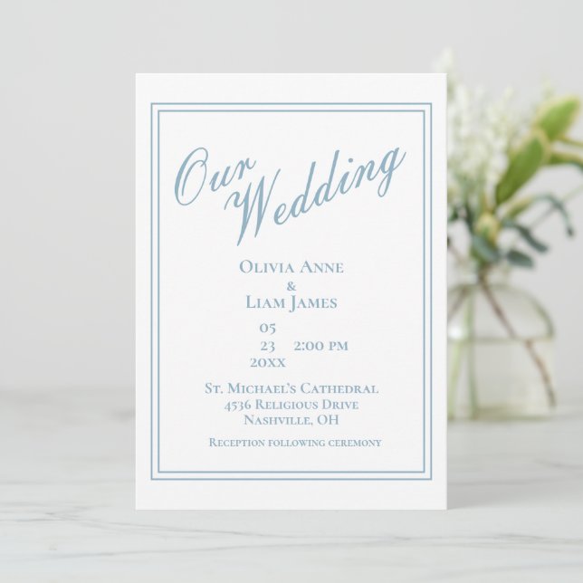 Our Wedding Dusty Blue Modern Elegant Wedding Invitation (Standing Front)
