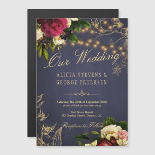Our Wedding gold typography floral burgundy navy Magnetic Invitation