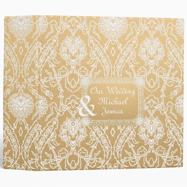 Our Wedding Gold & White Lacy Damask Planner 3 Ring Binder (Front/Spine)