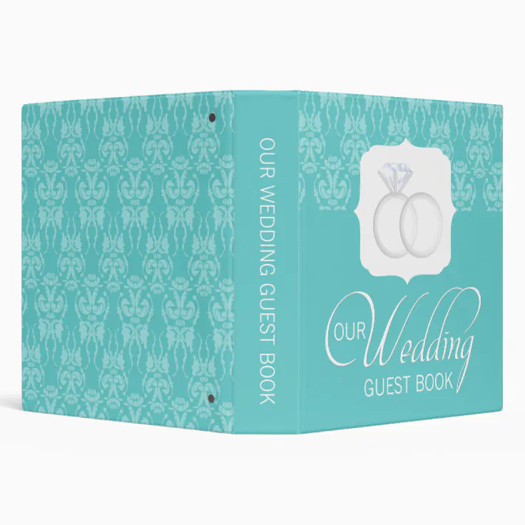 Our Wedding Guest Book Teal Damask and Rings Binder Zazzle