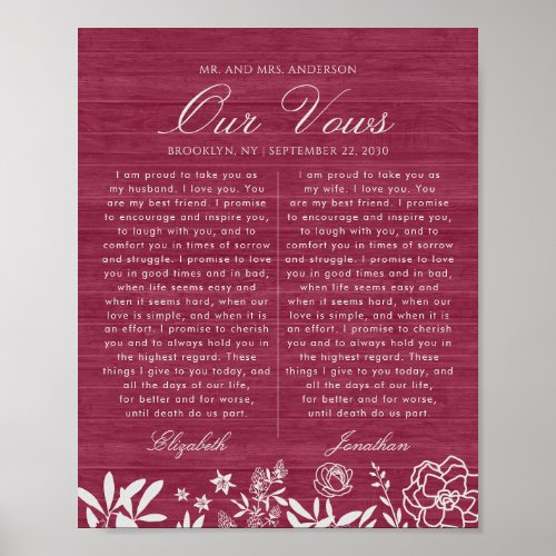 Our Wedding Vows Burgundy Floral Wood Anniversary Poster
