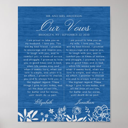 Our Wedding Vows Navy Blue Floral Wood Anniversary Poster