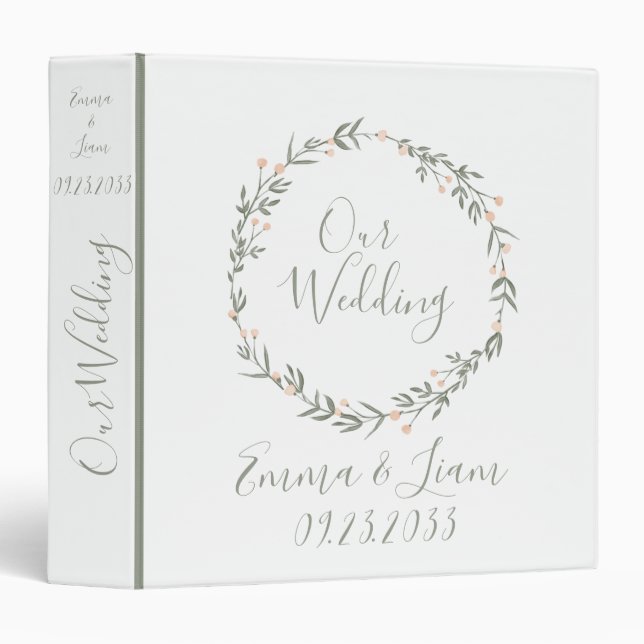 Our Wedding Watercolor Greenery Names Keepsake 3 Ring Binder (Front/Spine)