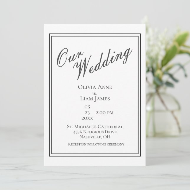 Our Wedding White Black Modern Elegant Wedding Invitation (Standing Front)
