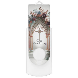 Our Wedding with Cross and Flowers Custom Flash Drive