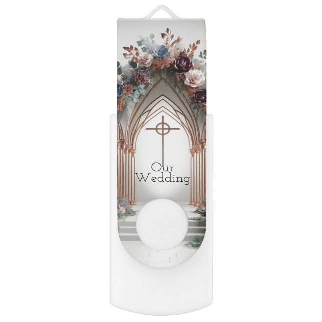 Our Wedding with Cross and Flowers Custom Flash Drive (Front Vertical)