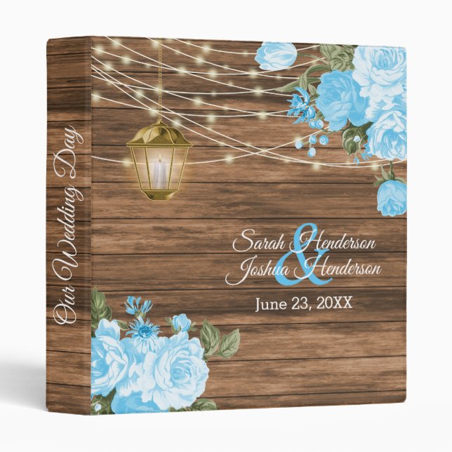 Our Wedding | Wood, Lantern & Baby Blue Flower 3 Ring Binder (Front/Spine)