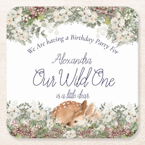 Our Wild One is a little dear Deer Woodland 1st  Square Paper Coaster