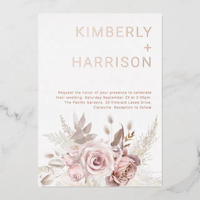 Our Wonderful Wedding Rose Gold & Blush Floral Foil Invitation Zazzle