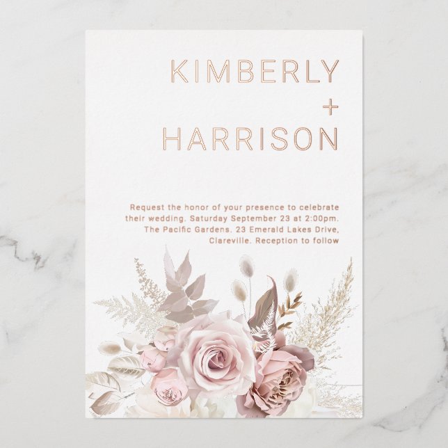 Our Wonderful Wedding: Rose Gold & Blush Floral Foil Invitation (Front)