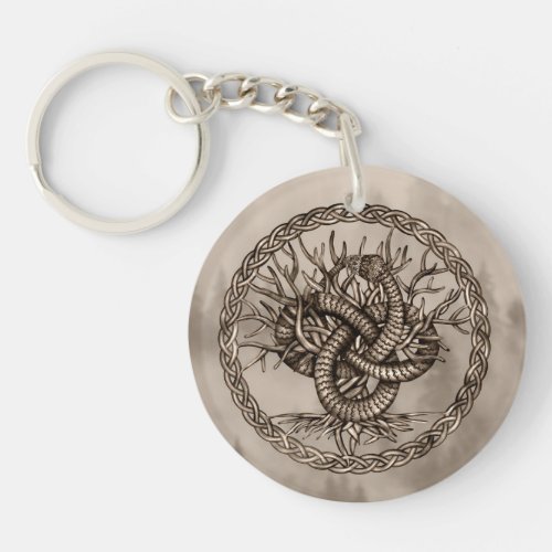 Ouroboros Celtic Knot with Tree of Life Sepia Keychain