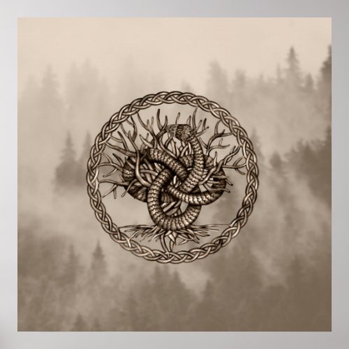 Ouroboros Celtic Knot with Tree of Life Sepia Poster