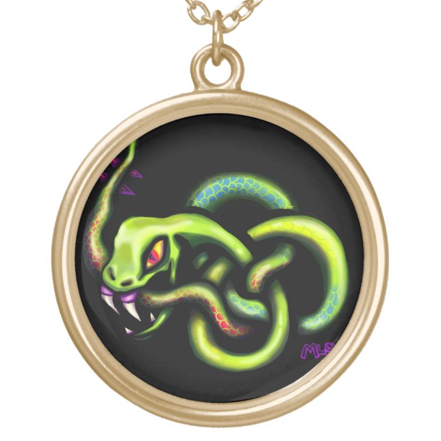 Ouroboros Snake Green Celtic Knot Gold Plated Necklace (Front)
