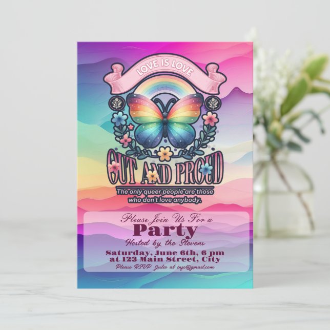 Out and Proud Gay Pride Party Invitation (Standing Front)