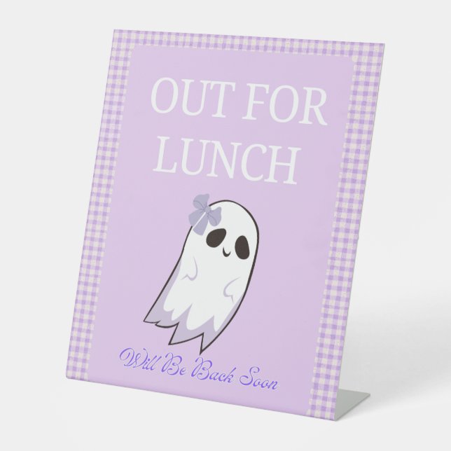 Out For Lunch Cute Purple Ghost Bow Pedestal Sign (Front)