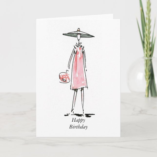 Out For Lunch Lady in Pink Happy Birthday Card (Front)