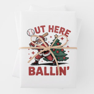 Out Here Ballin' Santa Playing Baseball Christmas Wrapping Paper Sheets