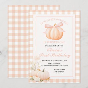 Out Little Pumpkin is one pink bow  first birthday Invitation