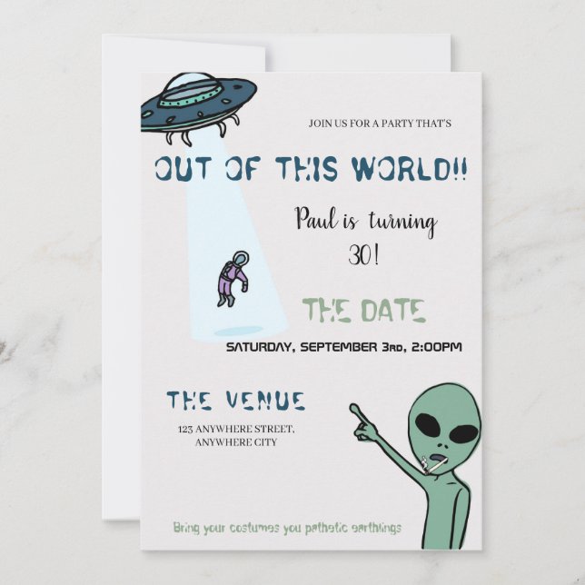 Out Of This World Adult Alien Birthday Invitation  (Front)