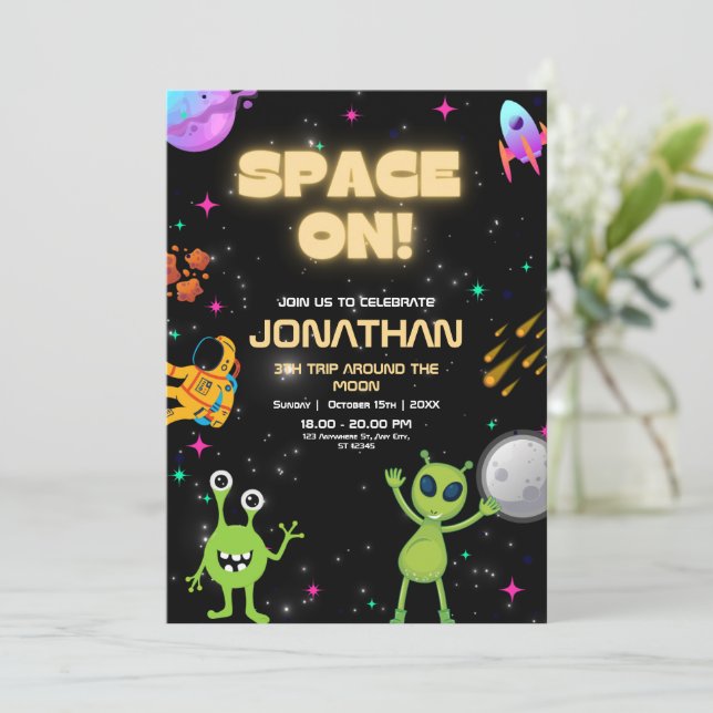 Out of this World Alien Birthday Alien UFO Space Invitation (Standing Front)