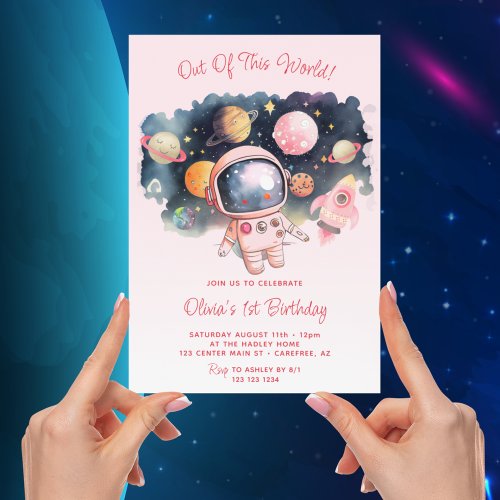 Out Of This World Pink 1st Birthday Invitation