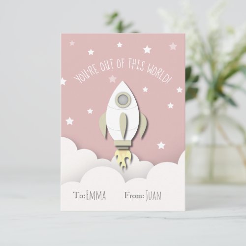 Out Of This World Pink Space Rocket Valentine Invitation