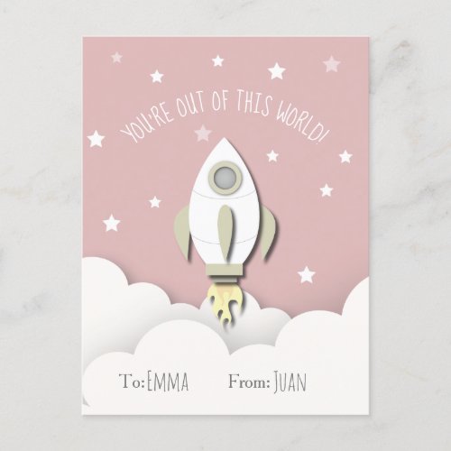 Out Of This World Pink Space Rocket Valentine Postcard
