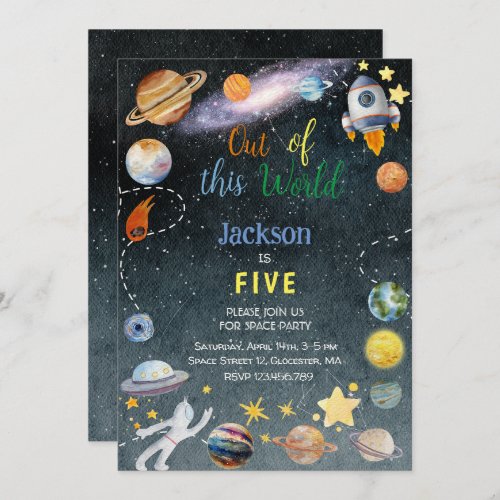 Out of this world space adventure kids birthday invitation
