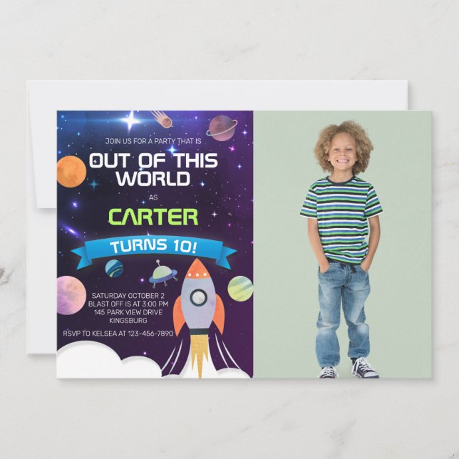 Out of This World Space Birthday Photo Invitation (Front)