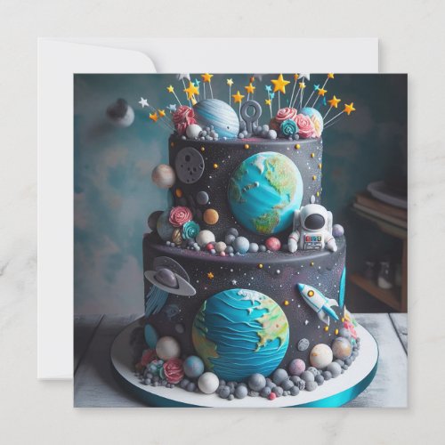 OUT OF THIS WORLD SPACE CAKE KIDS BIRTHDAY  INVITATION