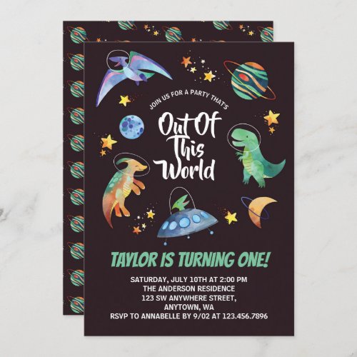 Out Of This World Space Dinosaur Galaxy Birthday   Invitation