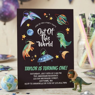 Out Of This World Space Dinosaur Galaxy Birthday Invitation