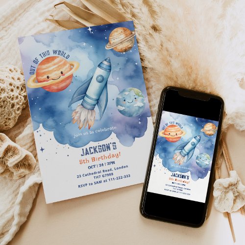 Out of this world Space planets Birthday party Invitation