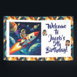 Out of this World Space Themed Boy's Birthday Banner<br><div class="desc">A fun birthday party banner that you can personalize with name,  age and photos for a little boy's space themed birthday party with a cute retro comic book style illustration of a little boy flying o a rocket through space! Just add all the party's details in the personalize area!</div>