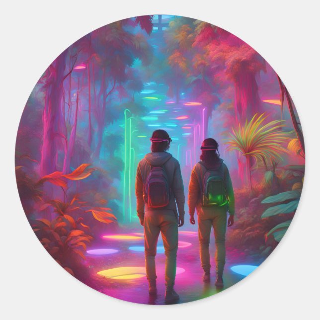 Out of this World - Virtual Reality Neon Jungle Classic Round Sticker (Front)