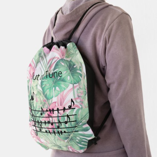 Out of Tune Flamingo joining songbirds Drawstring Bag