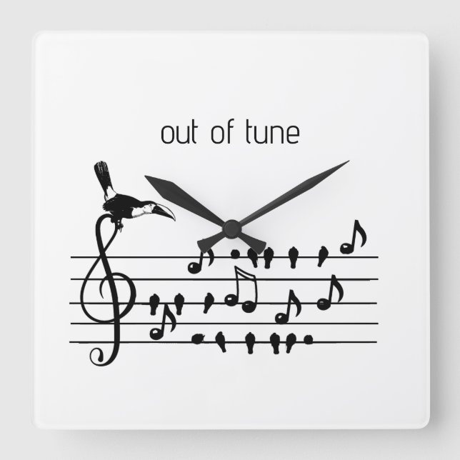 Out of Tune, Toucan & Songbirds Musical Staff  Square Wall Clock (Front)