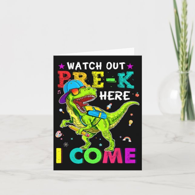 Out Pre K Here I Come Dinosaurs Back To School Kid Card (Front)