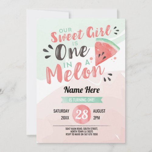 Out Sweet Girl One 1st Melon First Birthday Invite