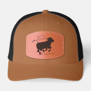 Out to Pasture Lovin It Cow Theme Retirement Humor Leather Patch Hat