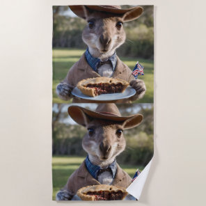 "Outback Delight: A Kangaroo Eats Aussie Meat Pie Beach Towel
