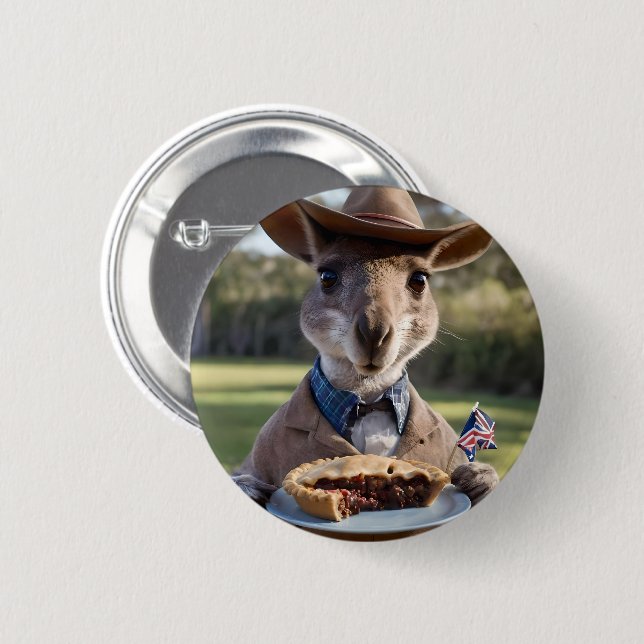 "Outback Delight: A Kangaroo Eats Aussie Meat Pie Button (Front & Back)