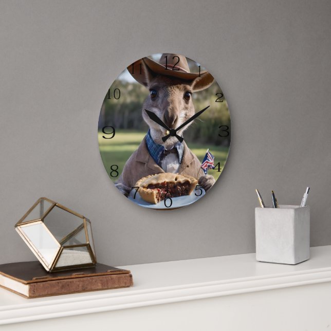 "Outback Delight: A Kangaroo Eats Aussie Meat Pie Large Clock (Office)