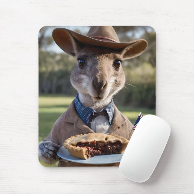 "Outback Delight: A Kangaroo Eats Aussie Meat Pie Mouse Pad (With Mouse)