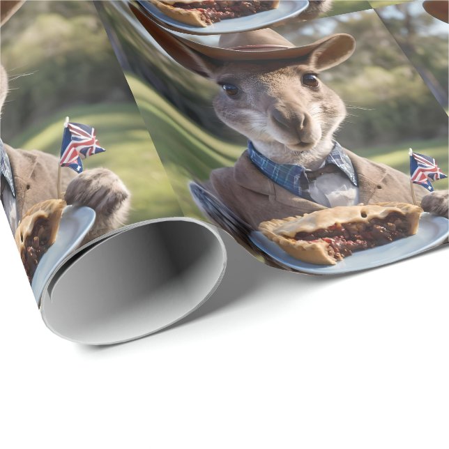 "Outback Delight: A Kangaroo Eats Aussie Meat Pie Wrapping Paper (Roll Corner)
